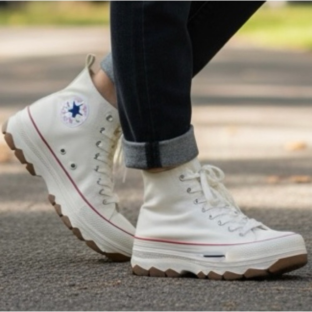 Canvas High-Top Platform Sneakers in Off-White with Red Trim.